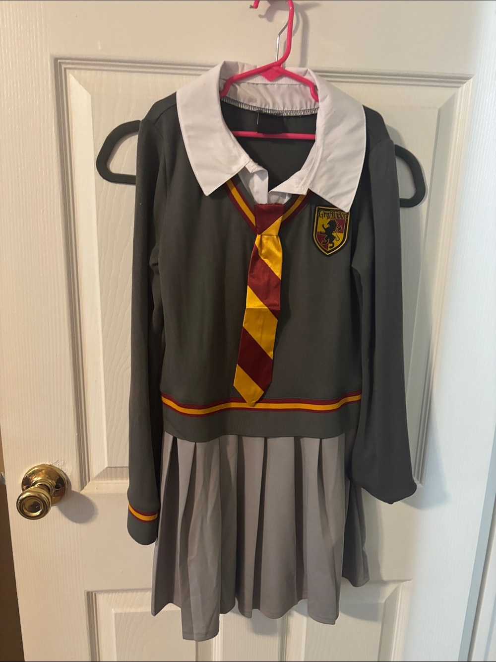 Girls Grey School Witch Costume Dress with Red and Gold Tie
